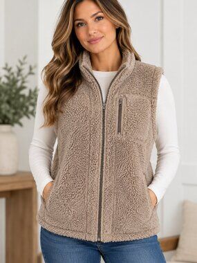 Calvin Klein Sherpa Fleece Vest Womens Large Latte NWT Full Zip Teddy M8XUD812